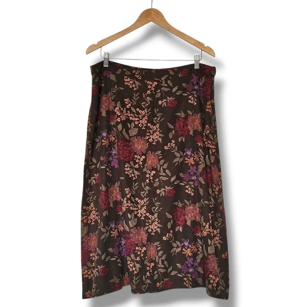 Vtg Eddie Bauer Silk Midi Skirt 16P Brown Dark Floral Earthy Fall Cottage Boho